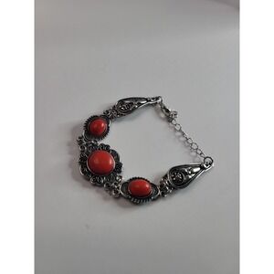 Silver Tone Red Cabochon Filigree Statement Bracelet Adjustable Boho